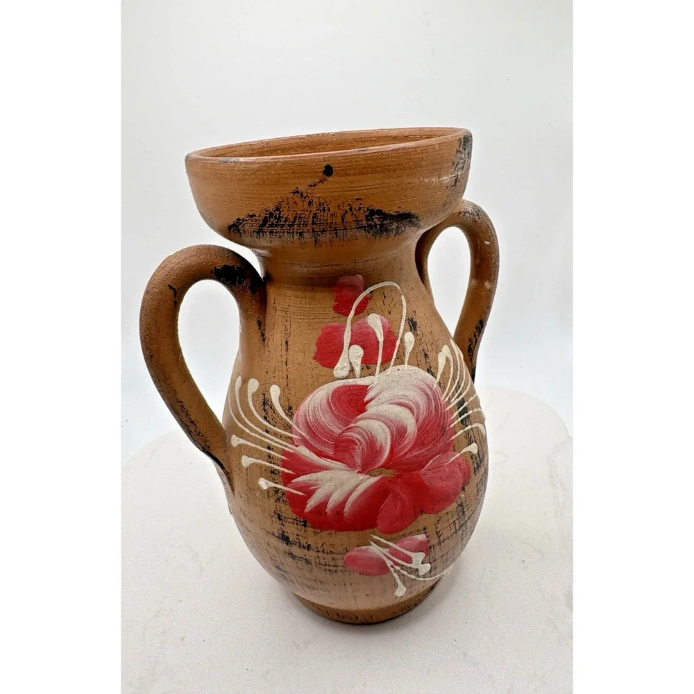 Vintage Double Handled Vase Made In Italy Clay Handmade Handpainted Rose Flower